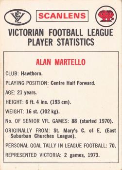 1974 Scanlens VFL #14 Alan Martello Back